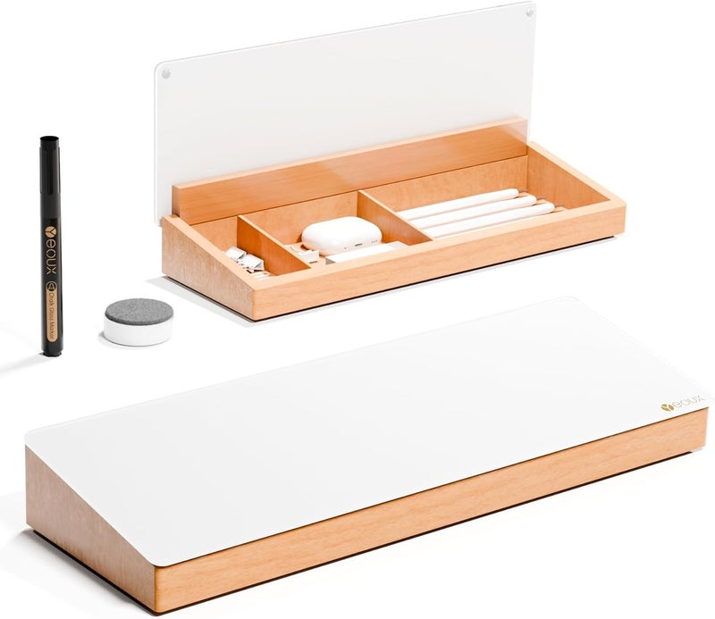 YEOUX Glass Desktop Whiteboard with Wood Organizer for Small Office Accessories, Aesthetic Desk Dry Erase White Board with Drawer for Home Office Cubicle, Marker & Eraser Included, - Image 1